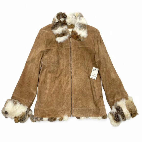 NEW St. John's Bay Suede Leather Fur Trim Zip Cuff Moto Bomber Jacket Women's M - Picture 1 of 14